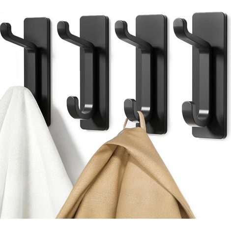 Crochets porte-serviettes auto-adhésifs, sans perçage, crochets en acier inoxydable pour salle de bain et cuisine, étanches, fixation murale, extra résistants, lot de 4 (noirs)