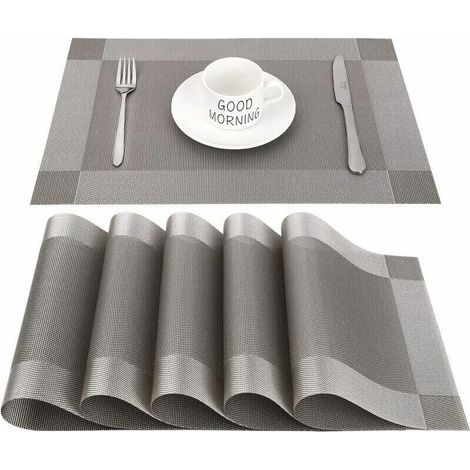 royaluxe -Set de table rectangulaire en PVC antidérapant et résistant à la chal, adapté pour la salle à manger, la cuisine ou la table à manger, 45 x 30 cm, ensemble de 6 pièces, gris (1/5)