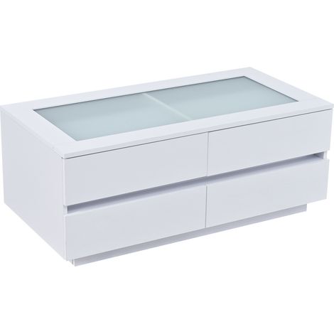 Mesa de centro blanca 100x50x40 cm con 4 cajones, vidrio templado y LED (1/5)