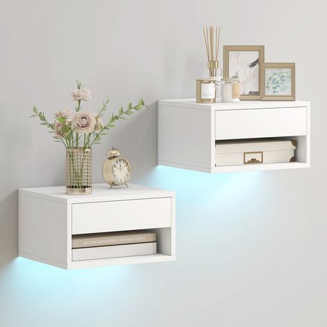 uego de 2 mesitas de noche colgantes 37 x 32 x 21 cm led ajustable cajón estante moderno de aglomerado blanco 21000376 (1/5)