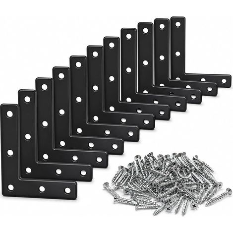 Lot de 12 connecteurs d'angle plats en forme de L - Noir - 90 degrés - En métal - Avec vis - 80 mm x 80 mm - Pour armoire, table, chaise (1/5)