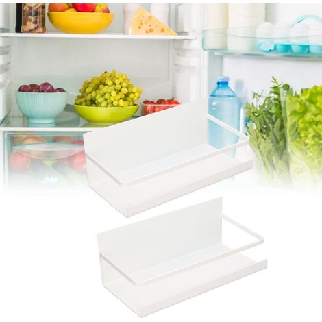 Porte-Magétique Étagère Frigo - Étagère Fridge Magnétique Épices Organisation 2 Pièces avec 4 Crochets Removables Blanc (1/5)