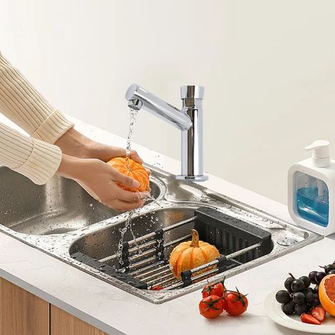 Grifo de baño de diseño inclinado con temporizador, monomando, cobre y acero inoxidable, instalación rápida. (1/5)