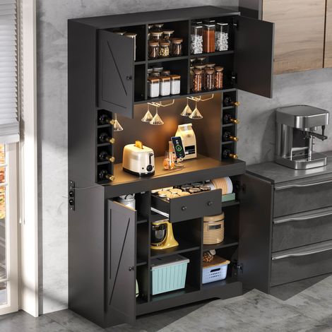 REDOM - Armoire de cuisine 105x40x180 cm, étagères réglables, tiroir central, porte verres, casiers à bouteilles, LED, MDF noir (1/5)