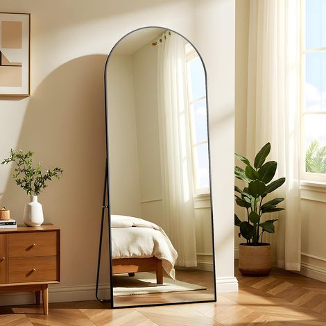 Miroir Complet arqué, 45 x 147 cm, Grand Miroir sur Pied bombé, Pleine Longueur, monté au Mur, incliné, Miroir de Sol pour Le Salon, Noir. (1/5)