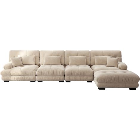 Canapé d'angle modulable 4 places en chenille vintage beige clair avec ottoman mobile (1/5)