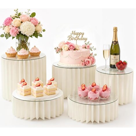 Pack of 5 Foldable Cake Stands, Buffet Risers, Cardboard Display Stand with Round Acrylic Plates, Cake Stand for Wedding, Birthday, Party Decoration and Dessert Buffet, 10/15/20 cm Height (1/5)