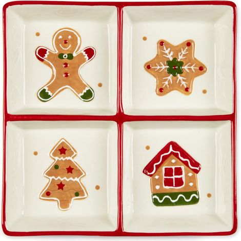 Assiette de Noël en céramique 4 compartiments, décoration pain d'épice 20 x 20 cm (1/3)