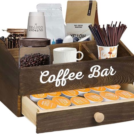 Boîte de rangement en bois à compartiments multiples pour capsules de café, organiseur de bureau pour sachets de thé et tasses (1/5)