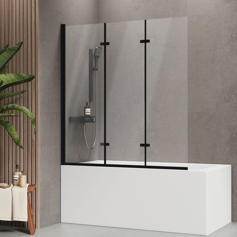 EMKE Badewannenfaltwand 140x130 cm Schwarz, 3-teilig, Duschwand für badewanne 6mm ESG Sicherheitsglas mit Nano-Beschichtung