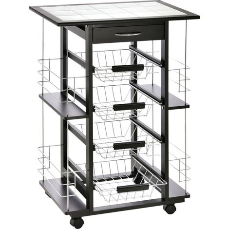 Chariot de service desserte de cuisine à roulettes multi-rangements 4 paniers métal tiroir + 4 range-bouteilles bois pin noir plateau carrelé blanc