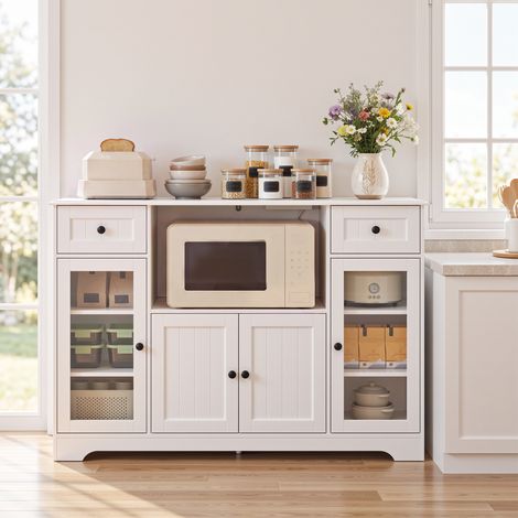 Meuble micro-ondes blanc 4 portes, 2 tiroirs, 120 cm (1/5)