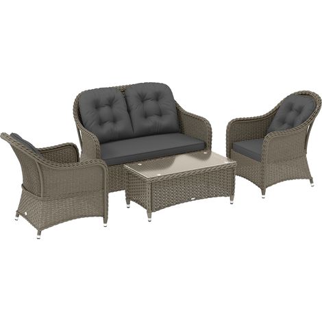 Four-Piece Rattan Sofa Set, with Glass-Top Table - Light Grey