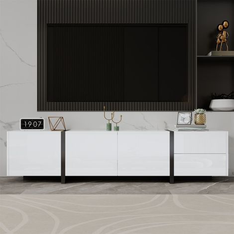 Meuble TV bas 170 cm blanc brillant avec pieds noirs et tiroirs moderne (1/5)