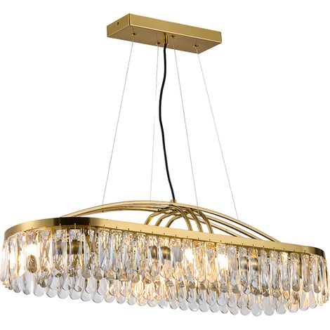 Elegante Kristall Haengeleuchte Gold 90 cm rechteckige Pendellampe mit Kristallbehang und 8x E14 hoehenverstellbar Deckenleuchte fuer Esstisch und Kuecheninsel