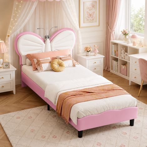 Lit simple 90×190cm, lampe de lecture LED, lit enfant, hauteur de tête de lit réglable, lit capitonné, tête de lit papillon, style moderne, Sommier à lattes, lit ado, Velours, Rose (1/5)