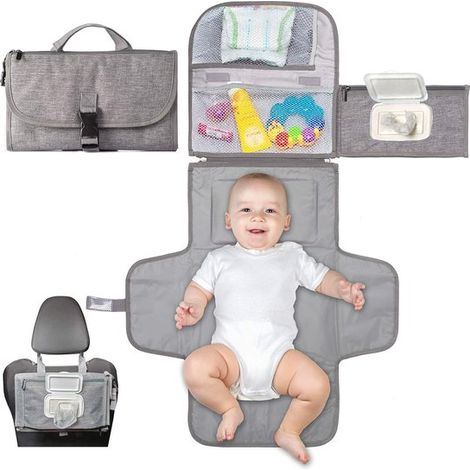Matelas à langer nomade - Matelas à langer portable - Pliable - Sac à langer - Pochette à langer - Bébé - Cadeau de naissance idéal - Spacieux et imperméable - Gris confortable (1/5)