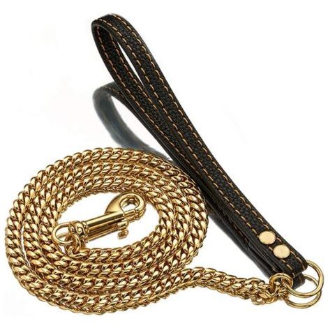 Laisse longue pour chien de 1,2 m en métal, anti-mâchouillage, indestructible, élégante et résistante, avec poignée en cuir (1/4)