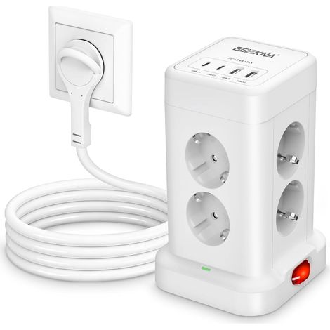 Tour Multiprise avec 8 Sortie AC et 4 Ports USB Prise Plate Rallonge 2M Interrupteur Individuel, 3680W Adaptateur Secteur avec Interrupteur et Rallonge, Mult Prise Convient pour Bureau et Maison (1/5)