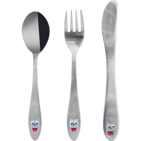 3-teiliges Kinderbesteck-Set aus Stahl: Messer, Gabel, Eule