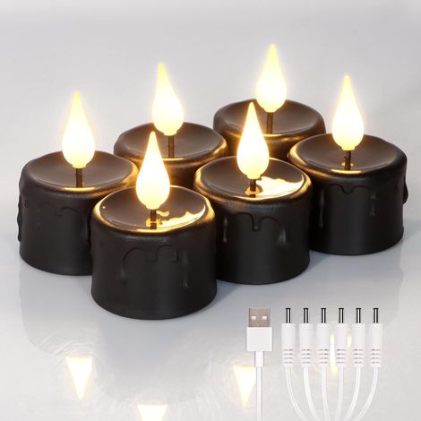 6 bougies chauffe-plat LED noires avec minuterie (6 heures), scintillement, lumière blanche chaude, bougies électriques rechargeables avec câble USB, décoration de Halloween, 4x5.5cm (1/5)