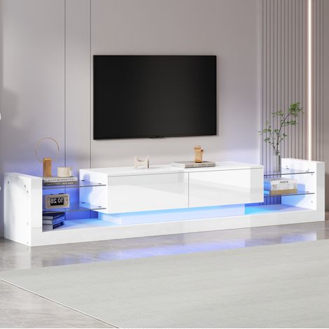 Meuble TV blanc 181 cm avec LED, façade brillante et deux tiroirs relevables DESVIAE (1/5)