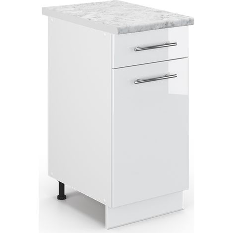 Mueble bajo de cocina Fame-Line, Blanco alto brillo, 40 cm , ET Mármol, Vicco