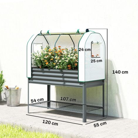 Potager surélevé avec châssis métallique, jardinière avec compartiment de rangement type serre, 120 x 55 x 140 cm (1/5)