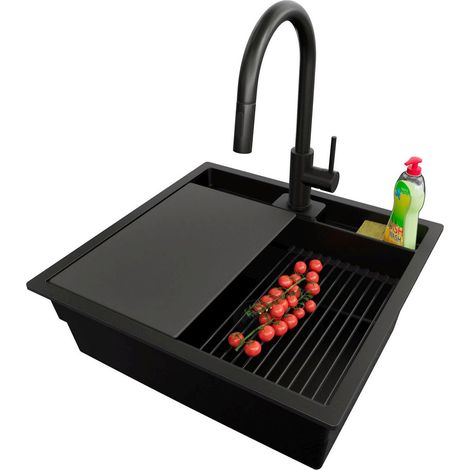 PRIMAGRAN Evier Cuisine en Granit 56x54cm, Lavabo 1 bac + Kit de Vidage + Accessoire, Évier à Encastrer au meuble 60cm - Bergen Pocket, Tout Noir