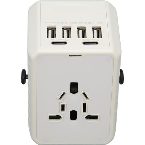 Adaptateur de voyage universel 8A, 2 ports USB-C et 4 ports USB-A, prise internationale pour les États-Unis, l'UE et le Royaume-Uni, 100-240 V, blanc (1/5)