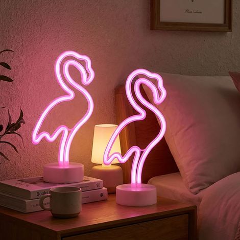 Lampe de table néon Flamingo Chambre d'enfant Lampe néon décorative Batterie, plastique blanc, LED 2W rose, H 33 cm, lot de 2 (1/5)