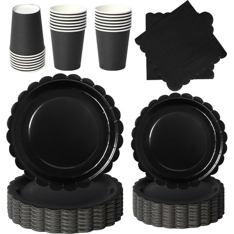 Vaisselle Jetable Noir - 96 Pièces - Papier Épais - Pour 24 Invités - Anniversaire Et Fête (1/5)