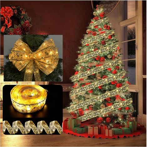Guirlande lumineuse LED ruban décoratif en satin décoration d'arbre de Noël, 5 mètres 50 lumières, trois boîtiers de piles avec flash, ruban doré lumière chaude