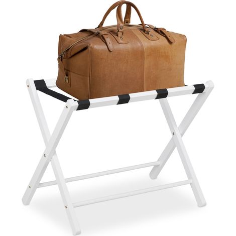Relaxdays Soporte abatible para maletas de madera, 54,5 x 66 x 44 cm, taburete para hotel y hogar, blanco