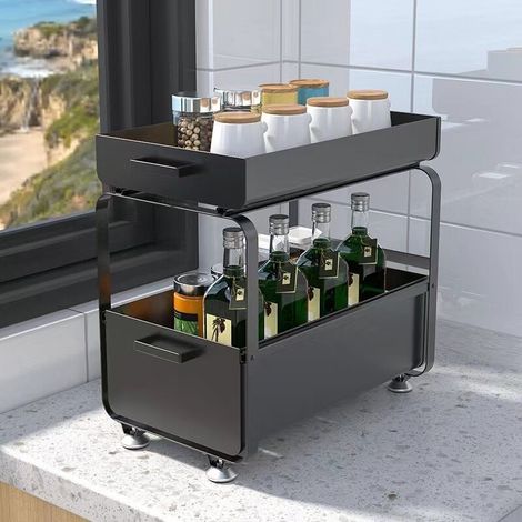 Étagère à épices coulissante 2 niveaux – Acier au carbone – Dimensions 40 x 25,5 x 39,5 cm – Pour rangement sous évier cuisine et salle de bain noir