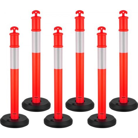 Poteau de Signalisation 6PCs 114 cm, Balise de Délimitation avec Base Remplissable et Bandes Réfléchissantes, Délinéateur de Circulation pour Contrôle des Foules, Chantier Parking, Rouge (1/3)