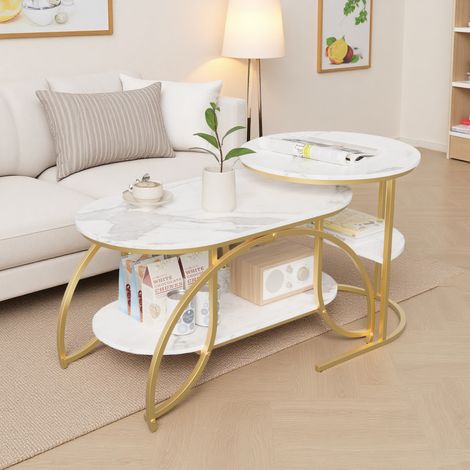 Table Basse Lot de 2, Table de Salon, Buffet Bas, avec Deux Compartiment Ouvert, Cadre en Acier en Forme de U, 80 x 46 cm et 52 x 51 cm, Style Scandinave, Doré (1/5)