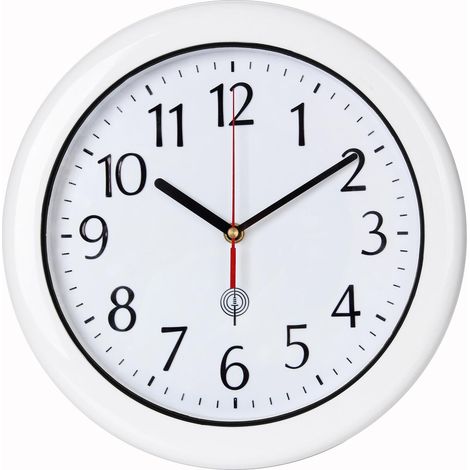 Horloge murale radio-pilotée blanche Ø30 cm, mécanisme quartz silencieux trotteuse précise, horloge analogique moderne pour salle de bain et piscine (1/5)