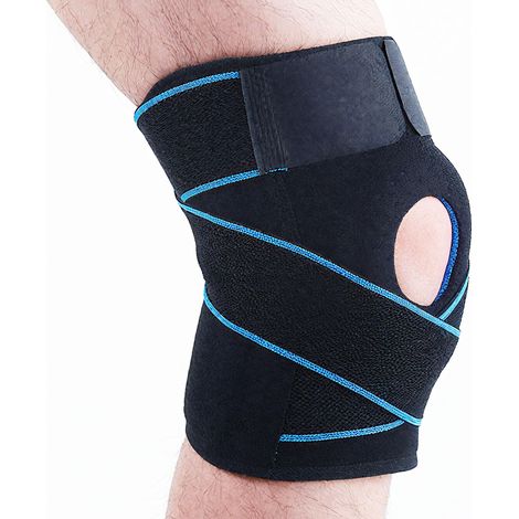 Genouillère de sport, orthèse rotulienne et ligamentaire réglable, stabilisateurs latéraux coussinets gel, bleue.