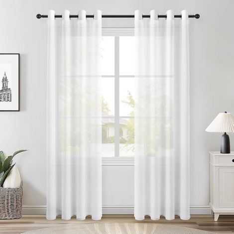 Faux Linen Eyelet Curtains 2 Panels Semi-Sheer White Curtains for Bedroom Living Room White H/B: 220/140cm (1/5)