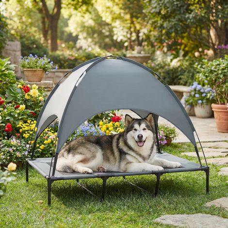 Lit pour chien surélevé avec baldaquin, lit pour animal de compagnie, lit pour chien extérieur avec toit, respirable, taffetas pour camping gris 122 x 92 x 108 cm (1/5)