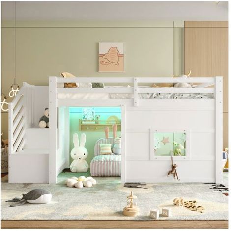 Lit Mezzanine Enfant 90x200cm avec Escalier de Rangement, Fenêtre et LED - lit enfant - en Bois de Pin Blanc, Sommier Inclus