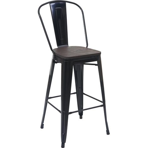 Barhocker HHG-896 inkl. Holz-Sitzfläche, Barstuhl Tresenhocker mit Lehne, Metall Industriedesign schwarz
