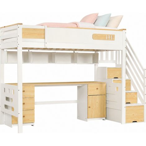 Lit mezzanine 90x200 cm blanc et bois clair avec bureau, tiroirs, étagère suspendue et escalier de rangement pour chambre d'enfant - CHICFURN (1/5)