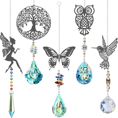 Lot de 5 attrape-rêves à suspendre en verre - Arbre hibou, colibri, papillon et fée - Attrape-rêves à vent - Décoration pour fenêtres, jardins et cloches.