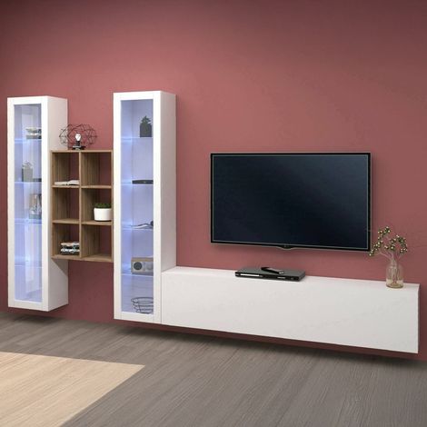 Dmora - Pared Equipada Dcorrei, Conjunto de salón Mueble de TV con 3 puertas, Mueble de salón polivalente con vitrina y luz LED, 100% Made in Italy, cm 320x30h180, Blanco brillante (1/5)