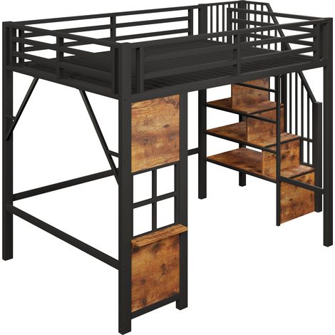 Lit mezzanine enfant 140x200 cm cadre en acier noir sans matelas avec espace de rangement et échelle avec rangements (1/5)