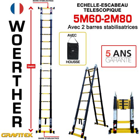 Woerther – Échelle télescopique 5m60 – Charge maximale 150kg – Barre stabilisatrice pour sécurité accrue – Garantie 5 ans (1/2)