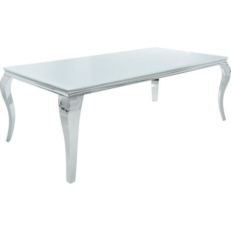 Mesa de comedor VELENA – Acero plateado y vidrio opalino – 200 cm – Estilo barroco moderno
