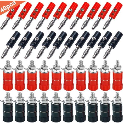 40Pcs Premium 4mm Banane Prise Connecteur Kit: 20Pcs Plaquée Nickel Banane Fiche + 20Pcs Banane Sécurité Douille, pour Haut-Parleur, Audio/Vidéo Récepteur (Rouge & Noir) (1/5)